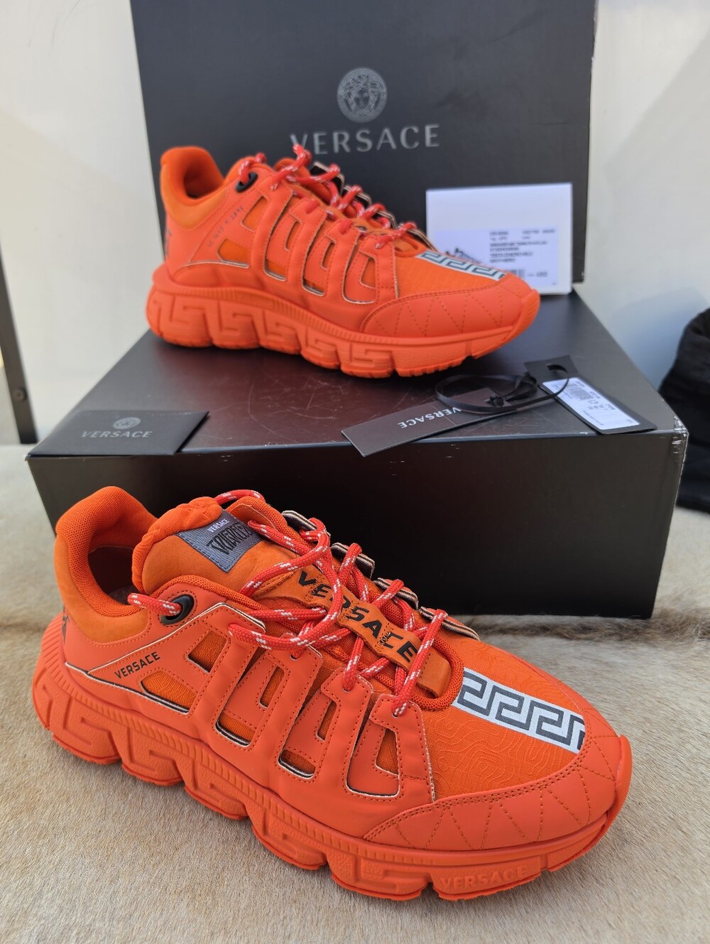 Versace Orange Canvas and Leather Trigreca Lace Up Sneakers Size 44 - Picture 2 of 10